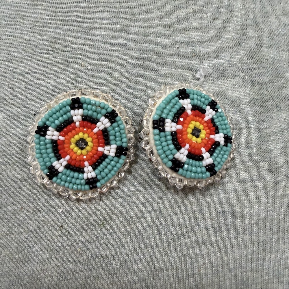 Handmade Native American Beaded Earrings OS Multicolor Flower Seed Bead Clip On